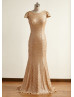 Cap Sleeves Champagne Sequin V Back Affordable Bridesmaid Dress